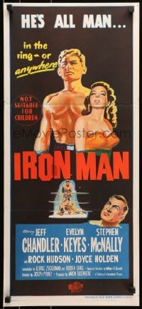 9c740 IRON MAN Aust daybill 1952 art of boxer Jeff Chandler with Evelyn Keyes & in boxing ring!