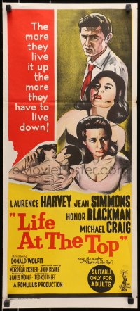9c768 LIFE AT THE TOP Aust daybill 1965 art of Laurence Harvey, sexy Jean Simmons & Honor Blackman!