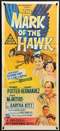9c791 MARK OF THE HAWK Aust daybill 1958 Sidney Poitier & Eartha Kitt against voodoo fury in Africa!