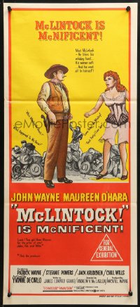 9c793 McLINTOCK Aust daybill 1963 great artwork of John Wayne & sexy Maureen O'Hara!