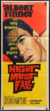 9c809 NIGHT MUST FALL Aust daybill 1964 lusty brawling Albert Finney of Tom Jones goes psycho!