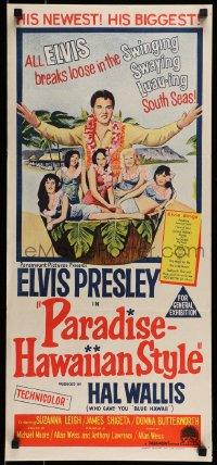 9c825 PARADISE - HAWAIIAN STYLE Aust daybill 1966 art of Elvis Presley& beach babes!