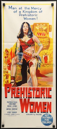 9c835 PREHISTORIC WOMEN Aust daybill 1966 Hammer fantasy, hand litho art of sexiest cave babe!
