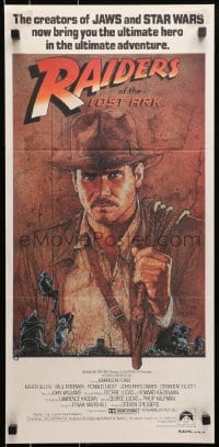 9c845 RAIDERS OF THE LOST ARK Aust daybill 1981 great Richard Amsel artwork of Harrison Ford!