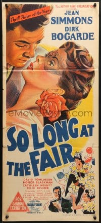 9c891 SO LONG AT THE FAIR Aust daybill 1951 Terence Fisher, art of Jean Simmons & Bogarde!