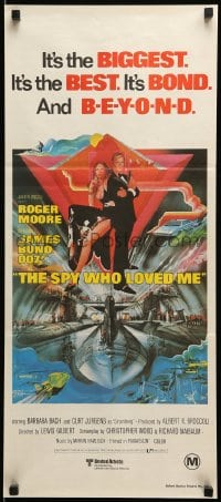 9c907 SPY WHO LOVED ME Aust daybill R1980s great art of Roger Moore as James Bond 007 by Bob Peak!