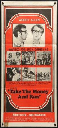 9c924 TAKE THE MONEY & RUN Aust daybill 1969 wacky Woody Allen mugshot in classic mockumentary!