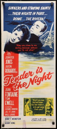 9c930 TENDER IS THE NIGHT Aust daybill 1961 romantic c/u of Jennifer Jones & Jason Robards Jr. in Paris!
