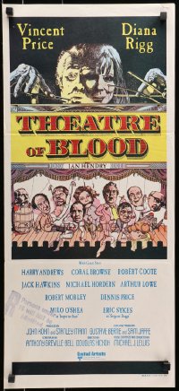 9c935 THEATRE OF BLOOD Aust daybill 1973 Vincent Price holding bloody skull w/dead audience!