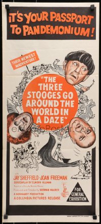 9c940 THREE STOOGES GO AROUND THE WORLD IN A DAZE Aust daybill 1963 art of Moe, Larry & Curly-Joe!