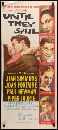 9c956 UNTIL THEY SAIL Aust daybill 1957 Paul Newman kissing sexy Jean Simmons, from James Michener story!