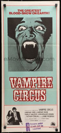 9c962 VAMPIRE CIRCUS Aust daybill 1972 fangs ripping throats, no sawdust can soak up the blood!