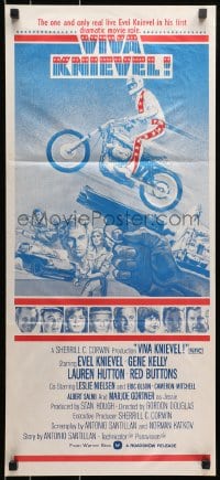 9c966 VIVA KNIEVEL Aust daybill 1977 artwork of the greatest daredevil jumping his motorcycle!
