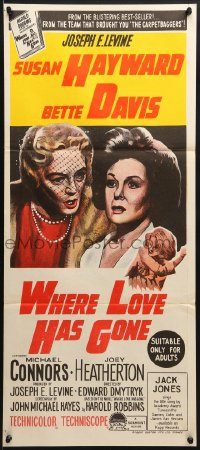 9c979 WHERE LOVE HAS GONE Aust daybill 1964 Susan Hayward, Bette Davis, trashy Harold Robbins!