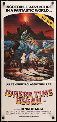 9c980 WHERE TIME BEGAN Aust daybill 1980 Jules Verne, Campanil art of stars & gigantic dinosaurs!
