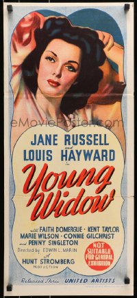 9c994 YOUNG WIDOW Aust daybill 1946 art of world's most exciting sexy brunette Jane Russell!