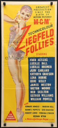 9c997 ZIEGFELD FOLLIES Aust daybill 1946 wonderful full-length art of sexy showgirl!