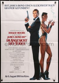 9c358 VIEW TO A KILL advance German 1985 art of Moore as Bond 007 & sexy Grace Jones by Goozee!
