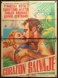 9c213 CORAZON SALVAJE Mexican poster 1956 close up artwork of lovers with ship in background!