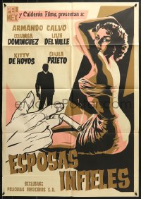 9c222 ESPOSAS INFIELES export Mexican poster 1956 silkscreen art of sexy woman & smoking hand!
