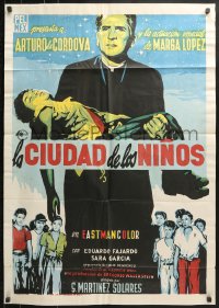 9c225 LA CIUDAD DE LOS NINOS export Mexican poster 1957 Arturo de Cordova, priest carrying boy!
