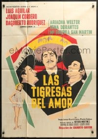 9c250 TRES TRISTES TIGRES export Mexican poster 1961 cool silkscreen art of mariachis & sexy woman!