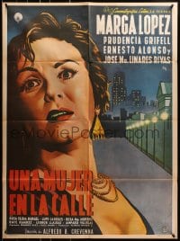 9c254 UNA MUJER EN LA CALLE Mexican poster 1955 super close up art of scared Marga Lopez!