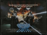 9f163 CONQUEST OF THE EARTH British quad 1980 great image of wacky aliens terrorizing Hollywood!