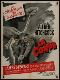 9f884 ROPE French 24x32 R1963 image of James Stewart holding the rope, Alfred Hitchcock classic!