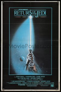 9f547 RETURN OF THE JEDI 2-sided Japanese 22x33 1983 art of hands holding lightsaber by Reamer!