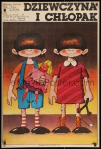 9f714 DZIEWCZYNA I CHLOPAK Polish 26x38 1981 Edward Lutczyn art of two wacky children!