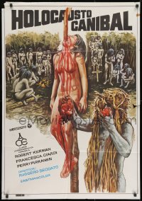 9f068 CANNIBAL HOLOCAUST Spanish 1982 different Mac artwork of natives & body impaled on pole!