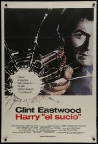 9f070 DIRTY HARRY Spanish R1984 c/u of Clint Eastwood pointing gun, Don Siegel crime classic!