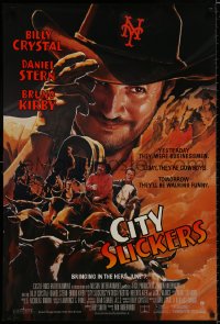 9g585 CITY SLICKERS advance 1sh 1991 great artwork of cowboys Billy Crystal & Daniel Stern!