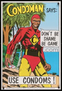 9g400 CONDOMAN SAYS DON'T BE SHAME BE GAME 20x30 Australian special poster 1980s wacky comic!