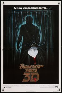 9g657 FRIDAY THE 13th PART 3 - 3D 1sh 1982 slasher sequel, art of Jason stabbing through shower!