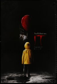9g733 IT teaser DS 1sh 2017 creepy image of Pennywise handing child balloon, you'll float too!