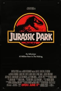 9g742 JURASSIC PARK advance 1sh 1993 Steven Spielberg, classic logo with T-Rex over red background
