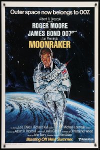 9g805 MOONRAKER style A advance 1sh 1979 art of Roger Moore as Bond blasting off in space by Goozee!