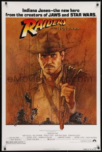 9g843 RAIDERS OF THE LOST ARK 1sh 1981 Richard Amsel art of Harrison Ford, Steven Spielberg!