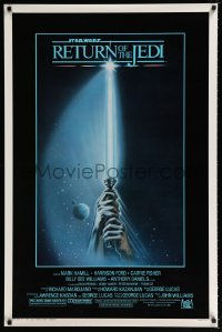 9g855 RETURN OF THE JEDI 1sh 1983 George Lucas, art of hands holding lightsaber by Tim Reamer!