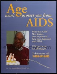 9g219 AGE WON'T PROTECT YOU FROM AIDS 17x22 special poster 1990s HIV/AIDS, smiling man!