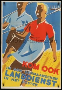 9g028 KOM OOK 22x32 Dutch WWII war poster 1942 smiling field workers walking proudly with rakes!