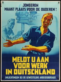 9g029 MELDT U AAN VOOR WERK IN DUITSCHLAND 35x47 Dutch WWII war poster 1942 art of smiling workers!