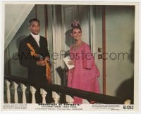 9h011 BREAKFAST AT TIFFANY'S color 8x10 still 1961 smiling Audrey Hepburn in pink w/de Vilallonga!