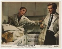 9h001 BREAKFAST AT TIFFANY'S color 8x10 still 1961 drunk Audrey Hepburn in kitchen w/Peppard & cat!