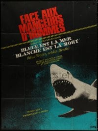 9j790 BLUE WATER, WHITE DEATH French 1p 1972 cool close image of great white shark with open mouth!