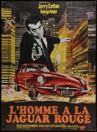 9j812 DEATH IN THE RED JAGUAR French 1p 1970 cool Saukoff art of George Nader with gun over car!