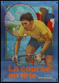 9j874 LA COURSE EN TETE French 1p 1974 Joel Santoni, art of real life cyclist Eddy Merckx on bike!