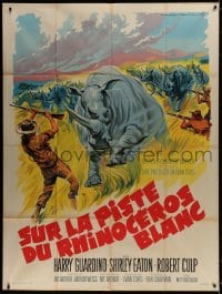 9j937 RHINO French 1p 1964 different Roger Soubie art of rhinos stampeding toward big game hunters!